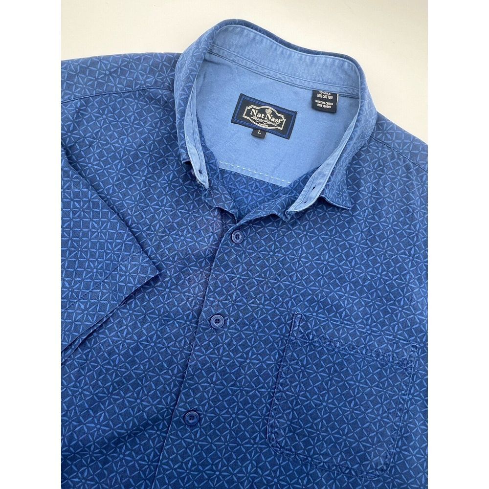 Nat Nast Men's Blue Geometric Short Sleeve Silk Blend Button-Front Shirt Size L‎